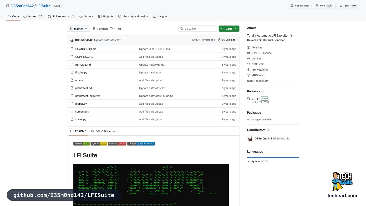 github.com/D35m0nd142/LFISuite, the GitHub repository for LFISuite, a multi-technique LFI exploiter covering PHP wrappers, log poisoning, and RFI