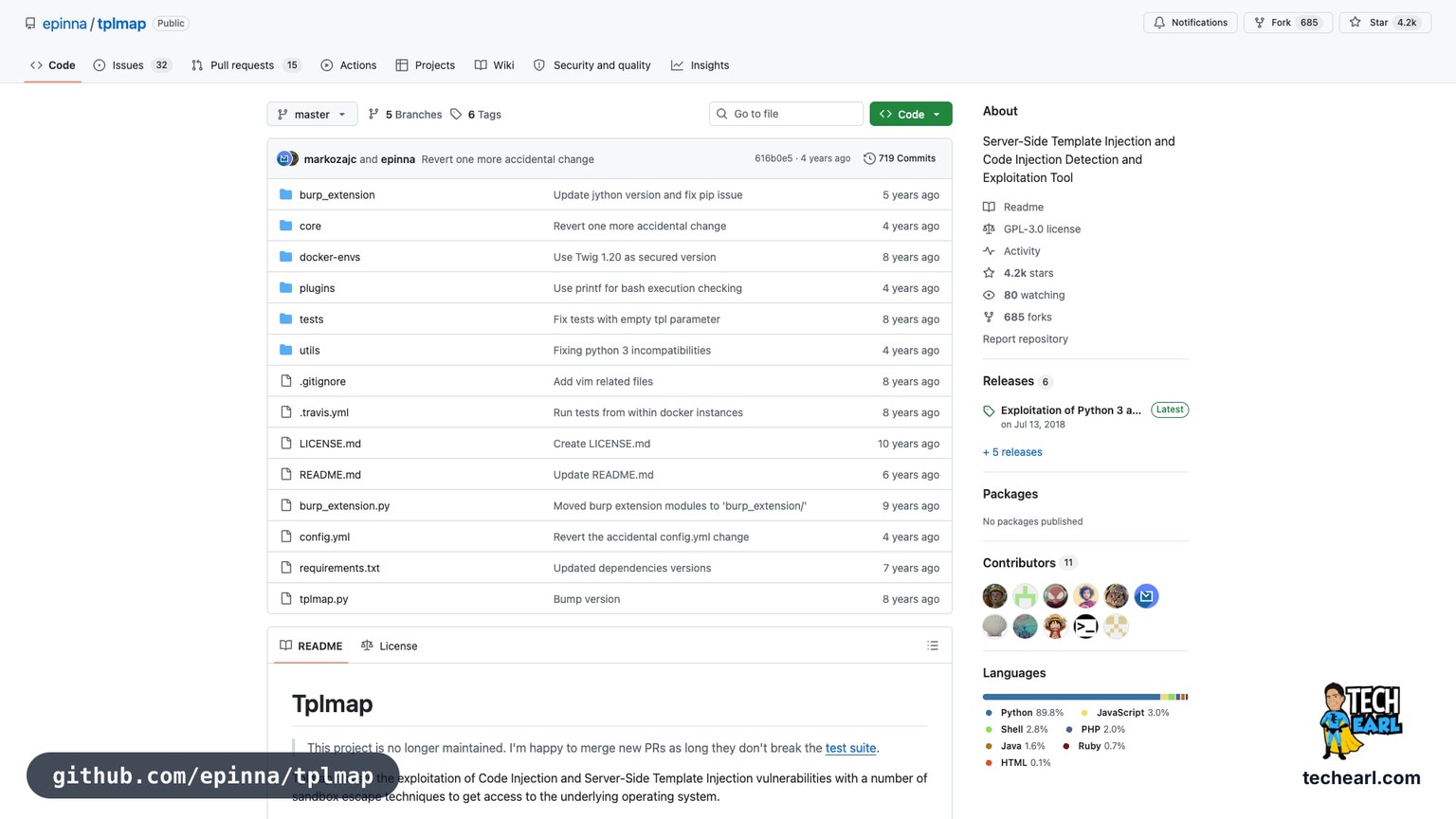 github.com/epinna/tplmap, the GitHub repository for tplmap, the original SSTI exploitation tool