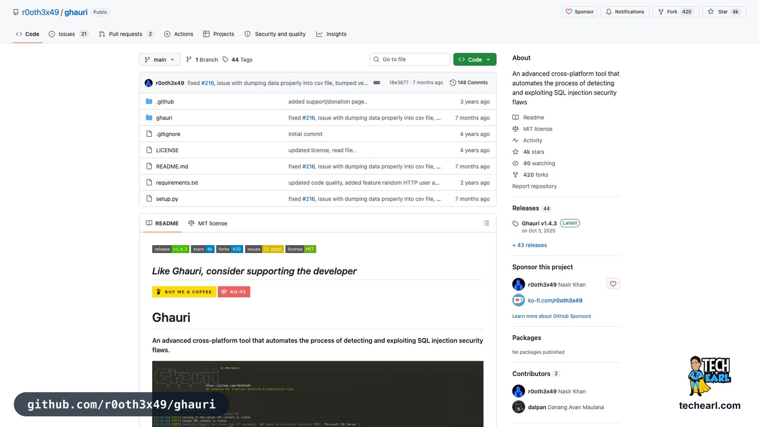 github.com/r0oth3x49/ghauri, the GitHub repository for ghauri, a fast SQL injection automation tool that often beats sqlmap on blind extractions