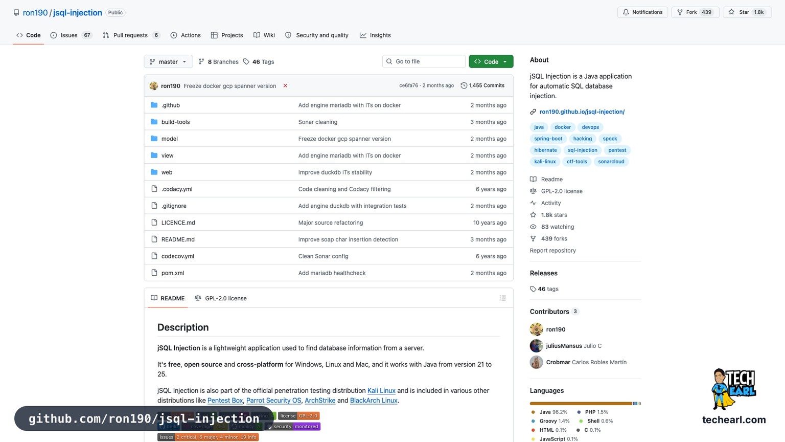 github.com/ron190/jsql-injection, the GitHub repository for jSQL Injection, a Java-based GUI SQL injection automation tool