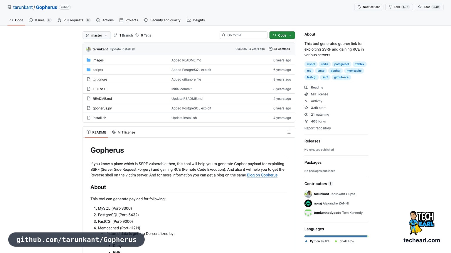 github.com/tarunkant/Gopherus, the GitHub repository for Gopherus, the gopher:// payload generator for SSRF-to-RCE chains