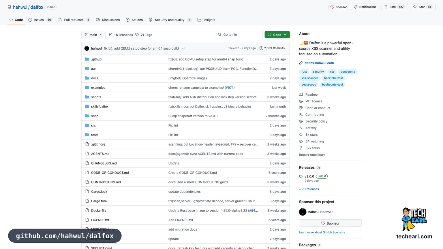 github.com/hahwul/dalfox, the GitHub repository for Dalfox, a fast Rust-based parameter analysis and XSS scanner (v3, May 2026)