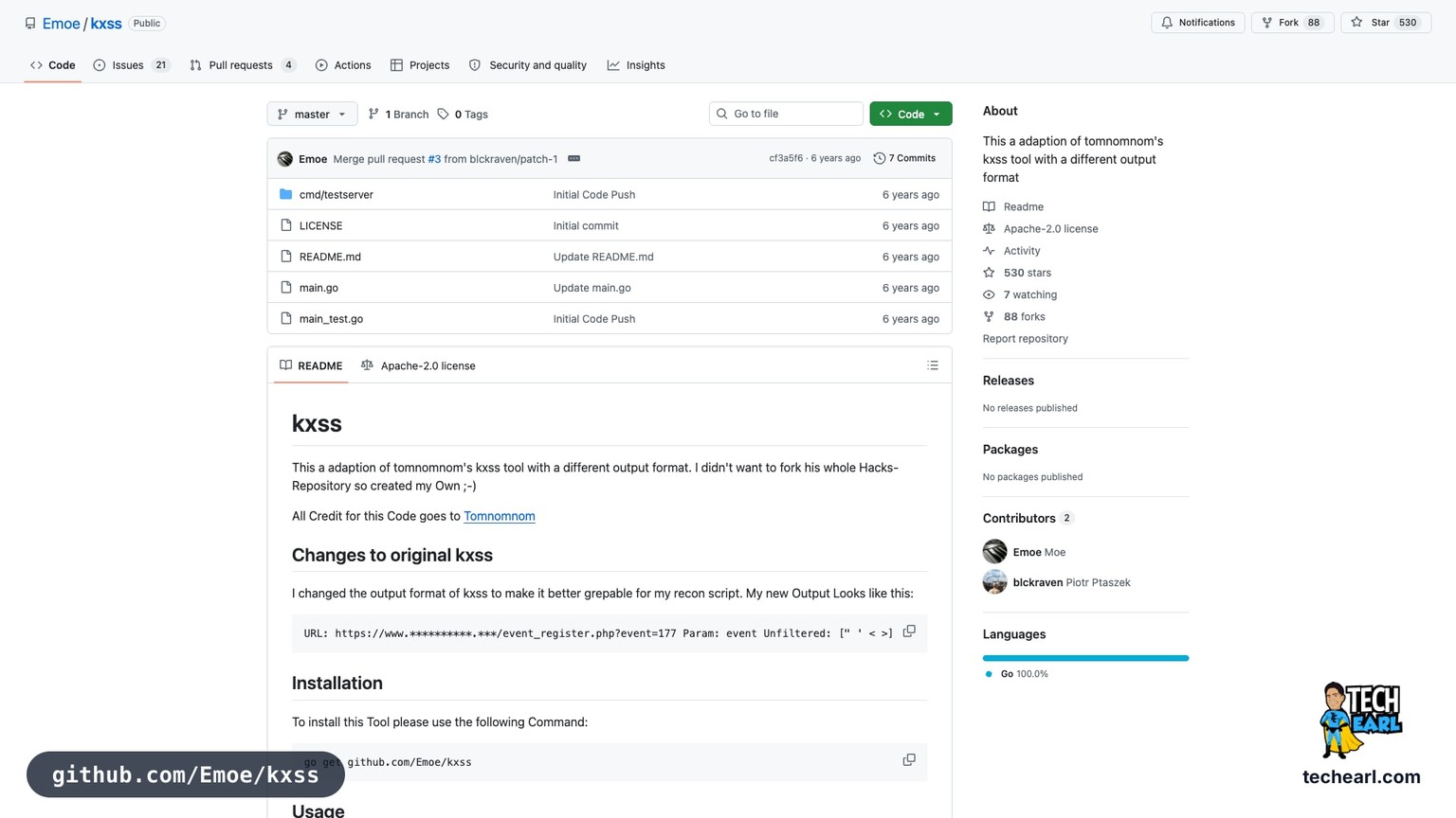 github.com/Emoe/kxss, the GitHub repository for kxss, a quick reflection-detection tool used in bug-bounty pipelines