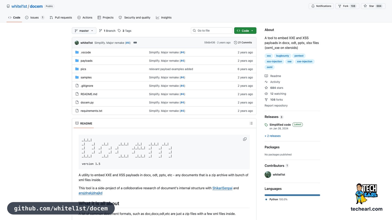 github.com/whitel1st/docem, the GitHub repository for docem, a DOC and XML file payload generator and CLI alternative to oxml_xxe
