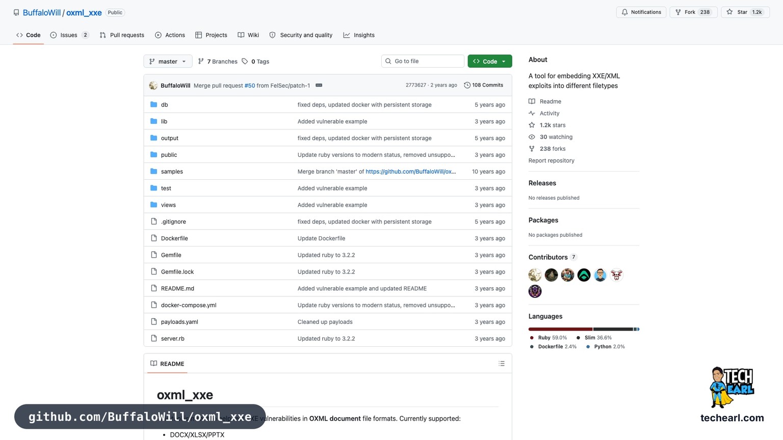 github.com/BuffaloWill/oxml_xxe, the GitHub repository for oxml_xxe, the Office-file XXE payload builder for docx, xlsx, pptx, SVG, KML, and PDF carriers