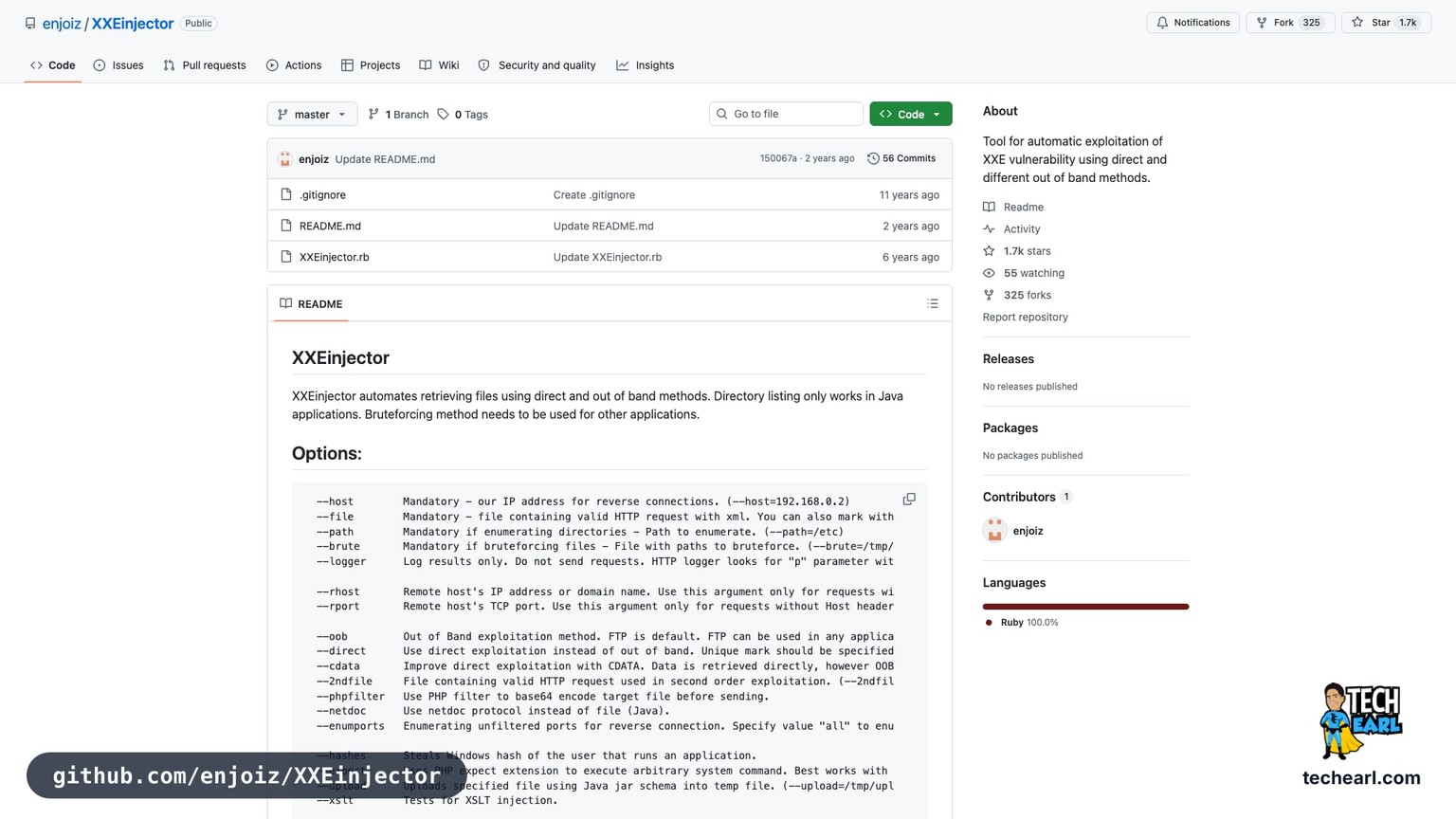 github.com/enjoiz/XXEinjector, the GitHub repository for XXEinjector, the canonical Ruby-based XXE automation tool
