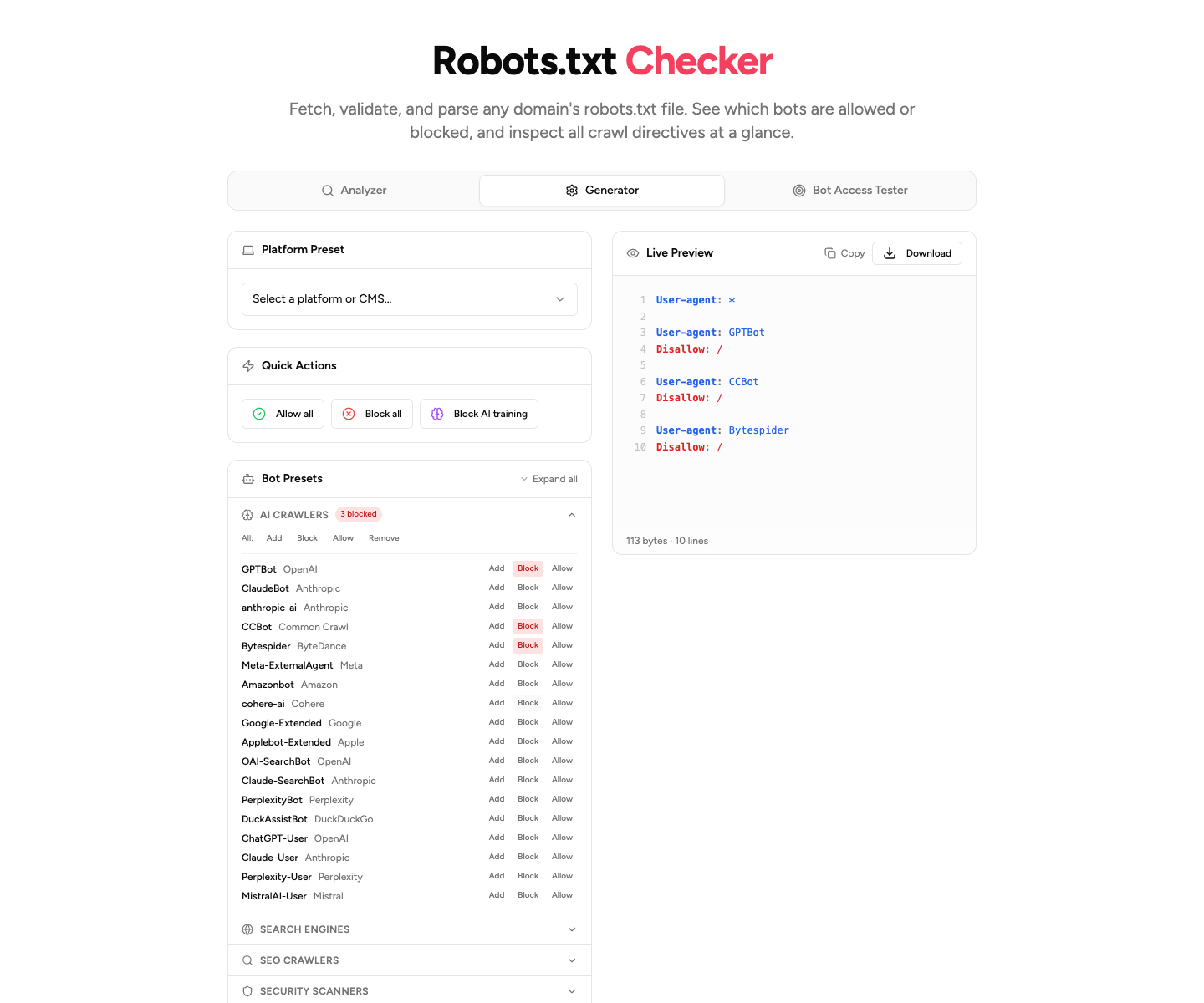 The DNS Checker robots.txt tool on the Generator tab, with the AI Crawlers preset expanded and Block selected for GPTBot, CCBot, and Bytespider. The live preview on the right shows the generated robots.txt with User-agent and Disallow lines for each blocked bot.