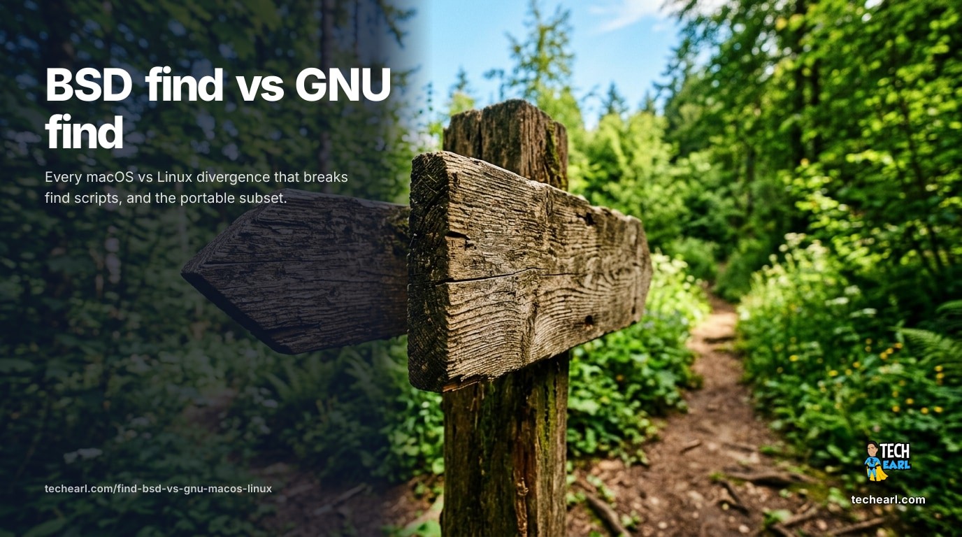 Why find scripts break between macOS and Linux: -printf and -regextype are GNU only, regex flavors and stat format strings differ. The portable find subset, the gotchas, and brew install findutils for gfind.