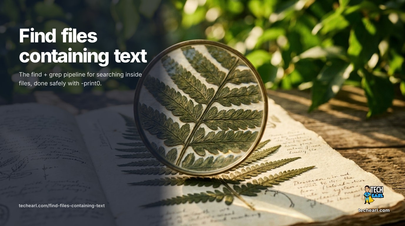 Use find ... -print0 | xargs -0 grep -l 'PATTERN' to find every file containing a string. When grep -r is enough, when to add find as a pre-filter for performance, multi-pattern matching with -E, and the safe NUL-delimited pipeline.