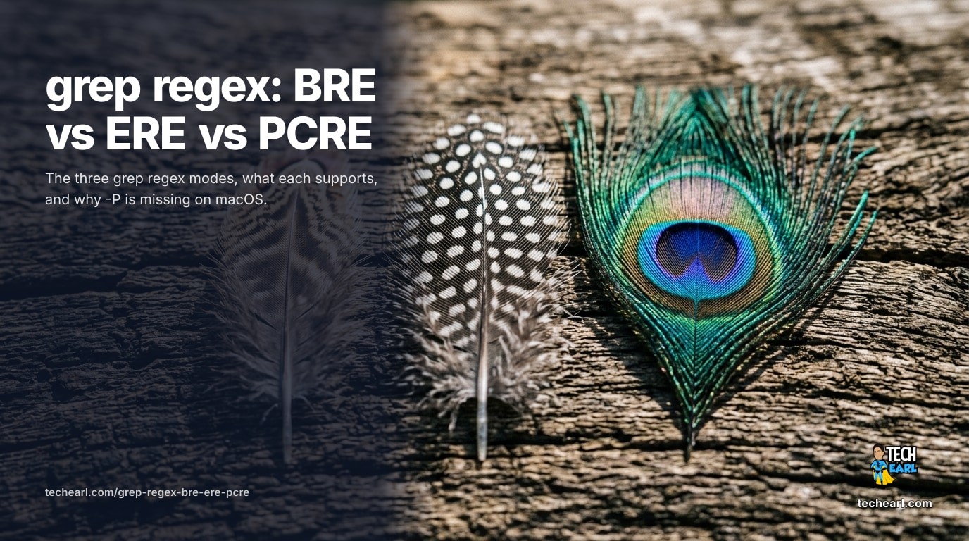 grep -E vs grep -P explained: basic regex (BRE) treats + ? | ( ) { } as literal text, extended regex (ERE) makes them metacharacters, and PCRE adds lookaround and \d. Plus why macOS BSD grep has no -P.
