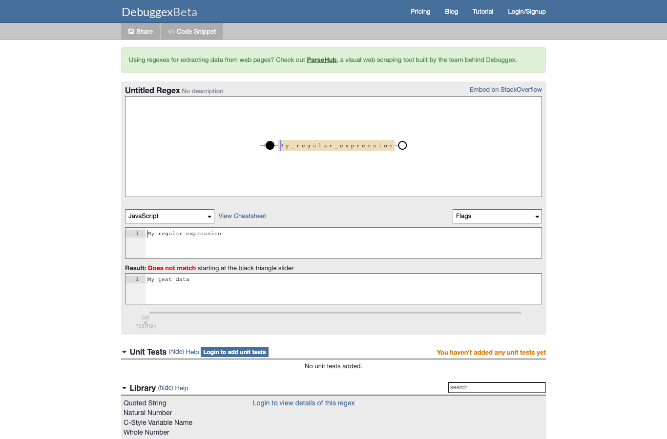 Debuggex: regex as a railroad diagram The Debuggex interface showing a regular expression rendered as a railroad-style flow diagram above the pattern input, test string, and a library of saved patterns.