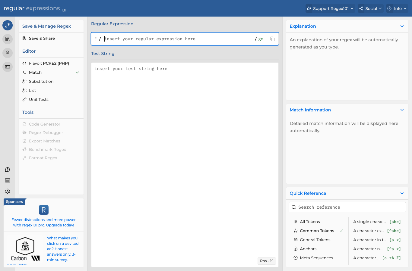 Regex101: the regex tester I open by default The Regex101 interface showing the regular expression input, test string area, live explanation panel, match information, and quick reference, with the PCRE2 (PHP) flavor selected.