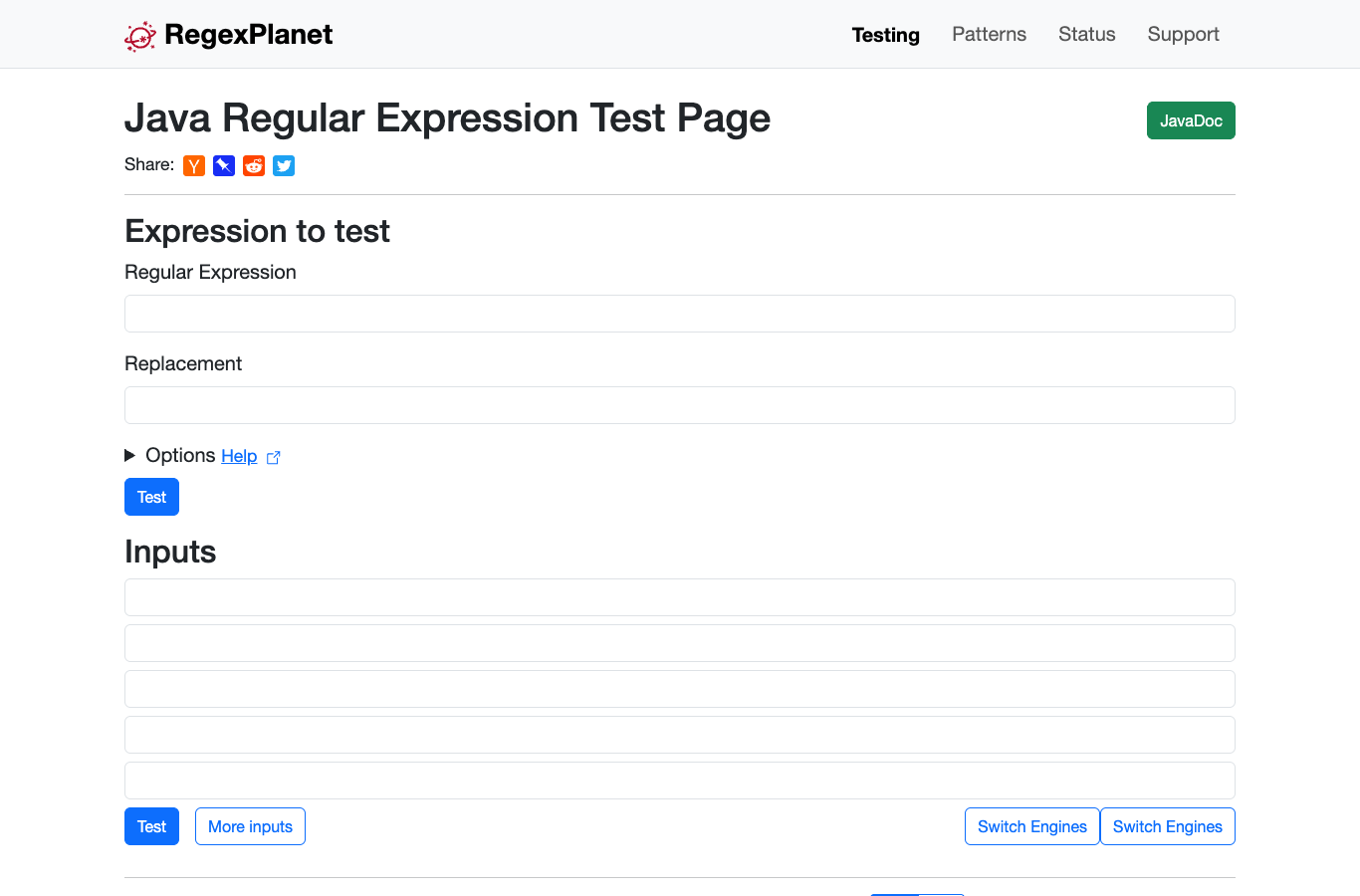 RegexPlanet: multi-engine regex testing The RegexPlanet Java regular expression test page, showing the expression, replacement, options, and multiple test input fields, with engine-switching controls.